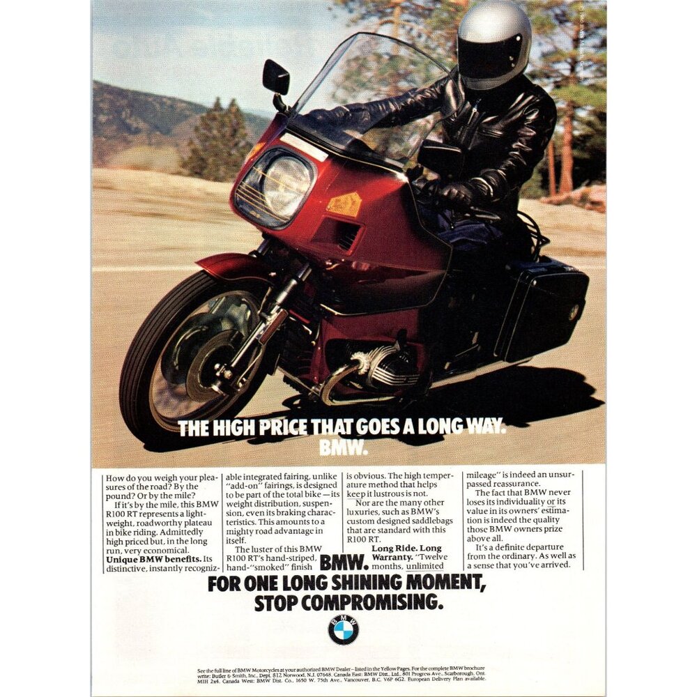 1980 BMW R100 RT Motorcycle Vintage Print Ad Highway Ride Wall Art 80s